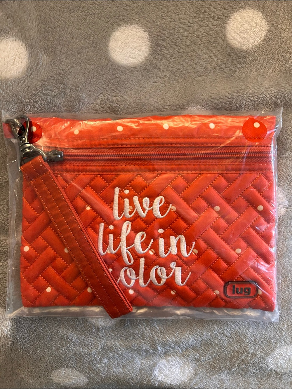 Lug Quilted Wristlet Pouch - Orange with White Script